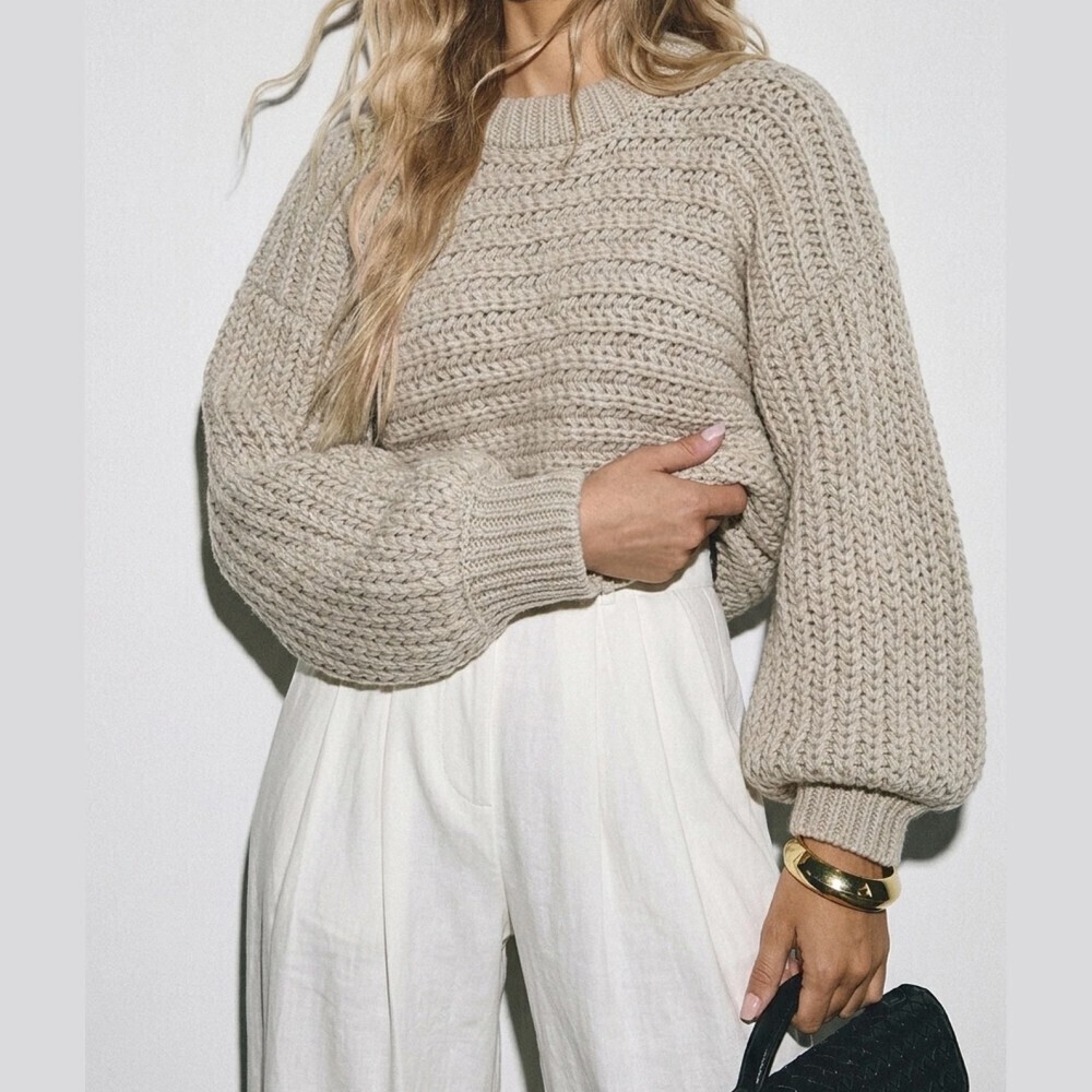 Taupe Tan Oversized Chunky Knit Crew Neck Bell Sleeve Sweater